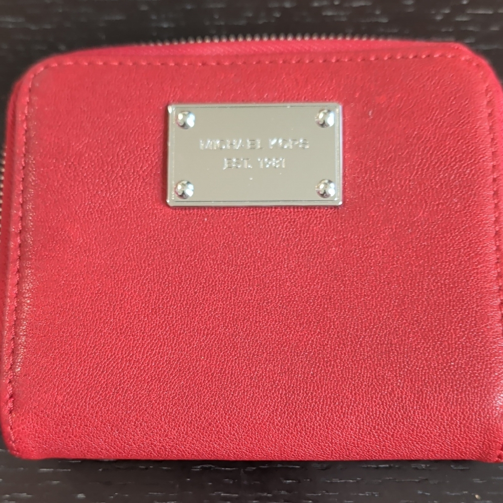 Michael Kors Small Red Leather Zip-Around Wallet with Silver Plaque
